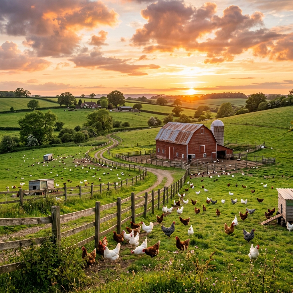 Beautiful free-range chickens in pasture